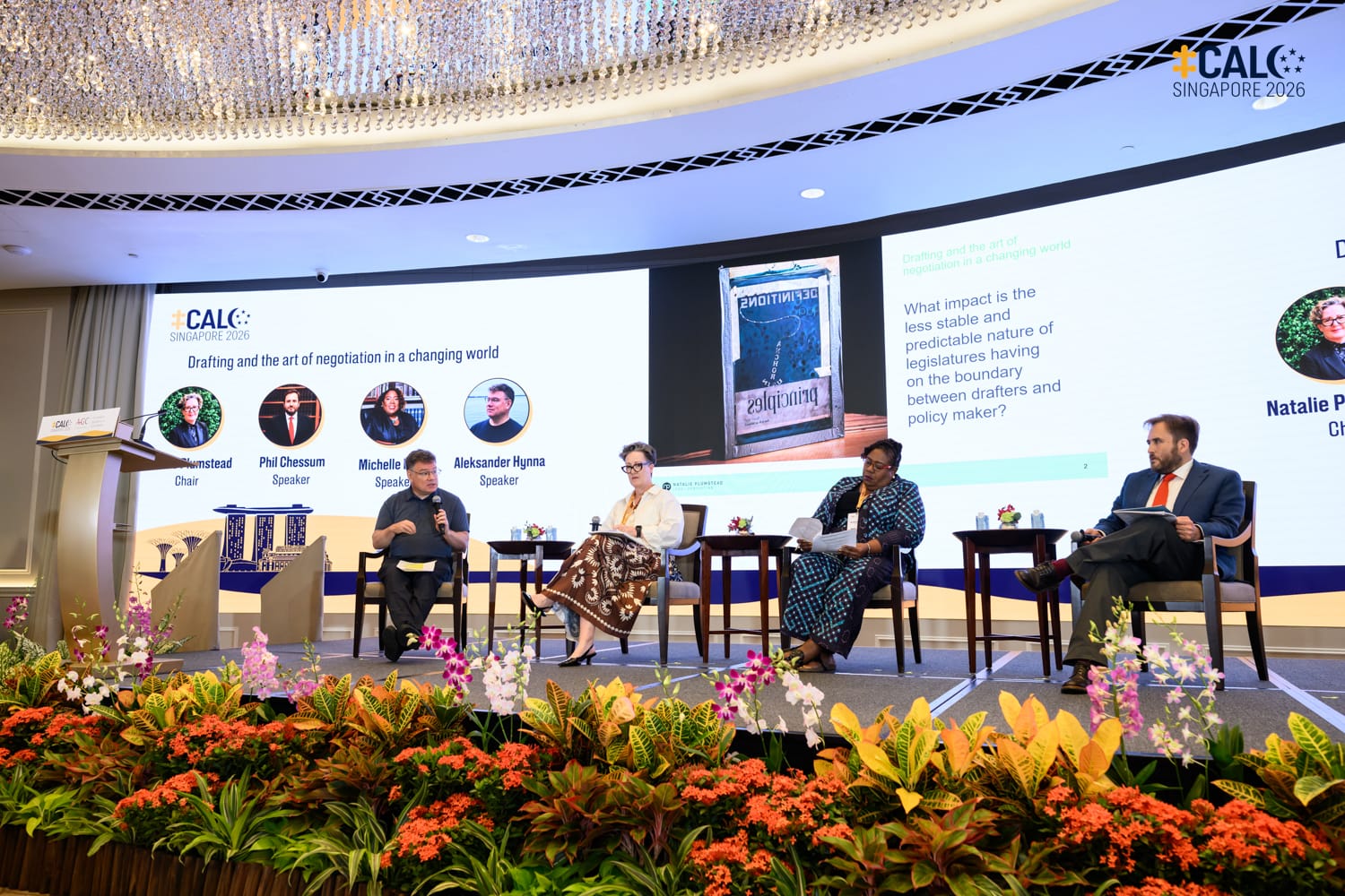 A panel discussion on 'Drafting and the art of negotiation in a changing world' at CALC Singapore 2026, with speakers Phil Chessum, Michelle Daley, and Aleksander Hynna, chaired by Natalie Plumstead.